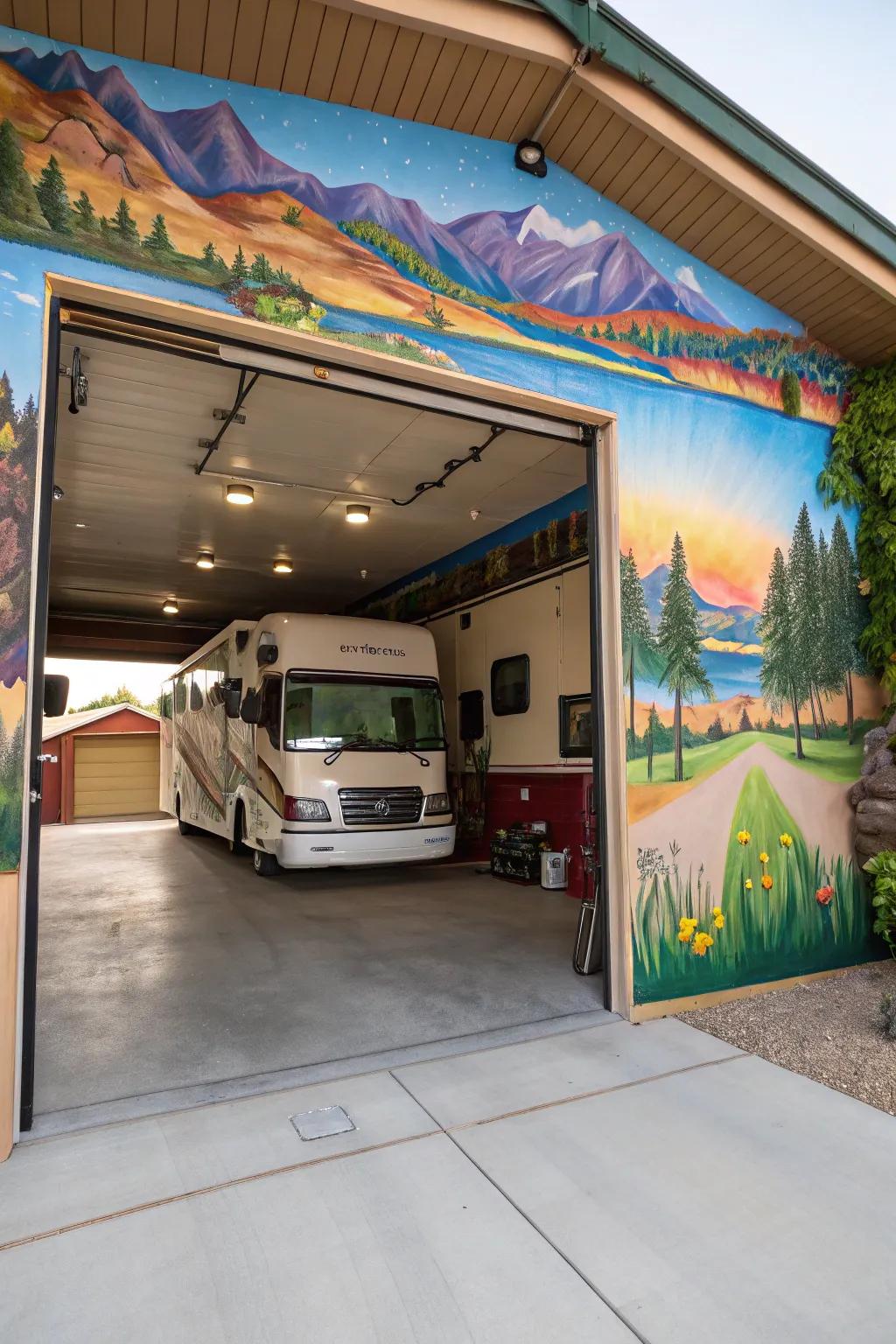 Personal artwork and murals transform the RV garage.