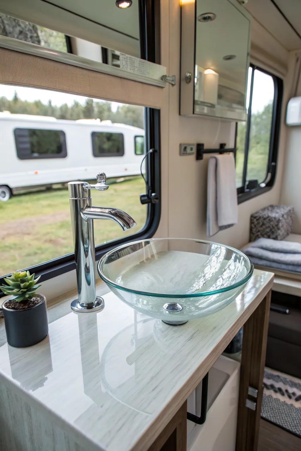 A glass sink provides an ultra-modern touch to an RV bathroom.