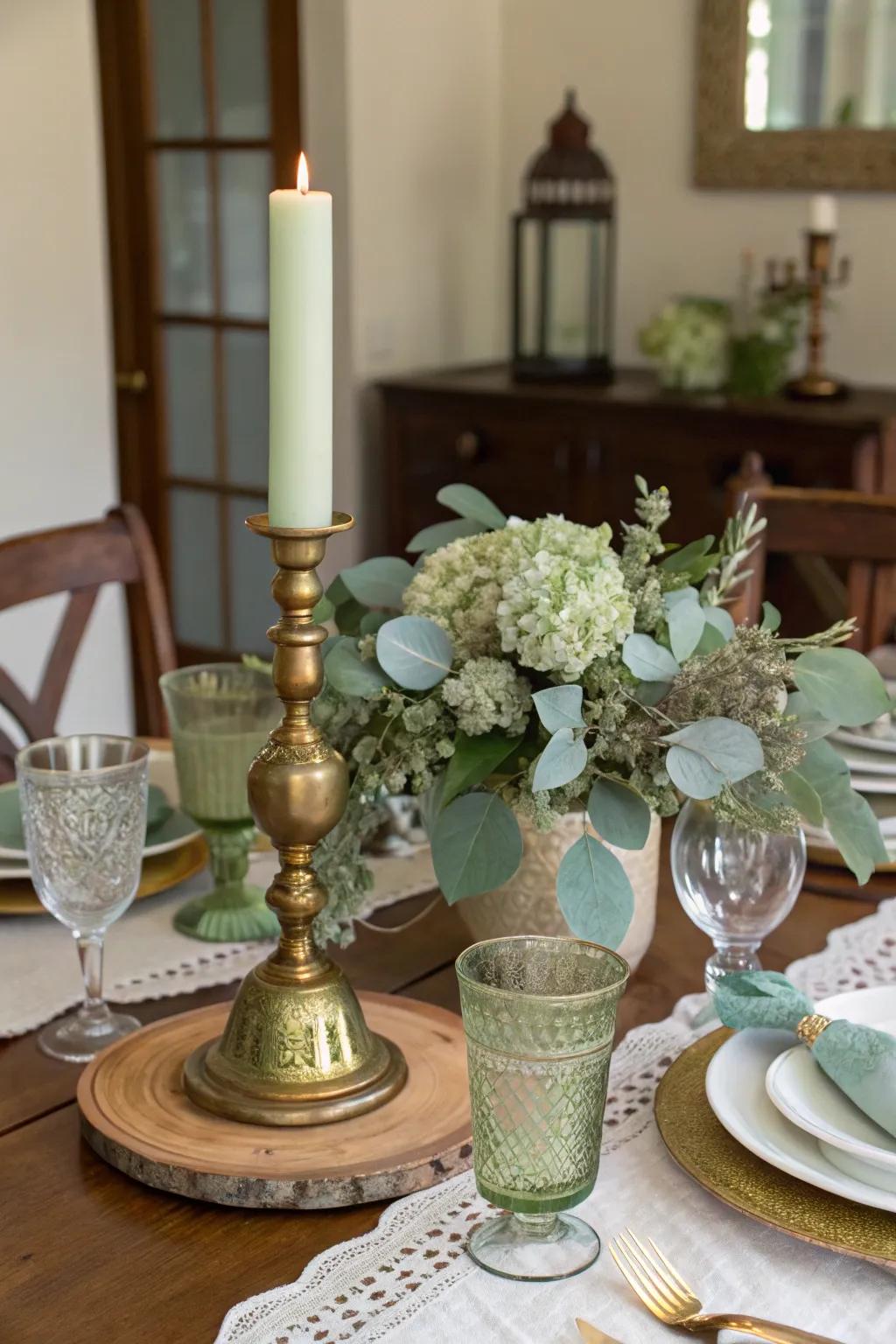 Your sage green focal point will have a dash of vintage charm when brass accents are added.