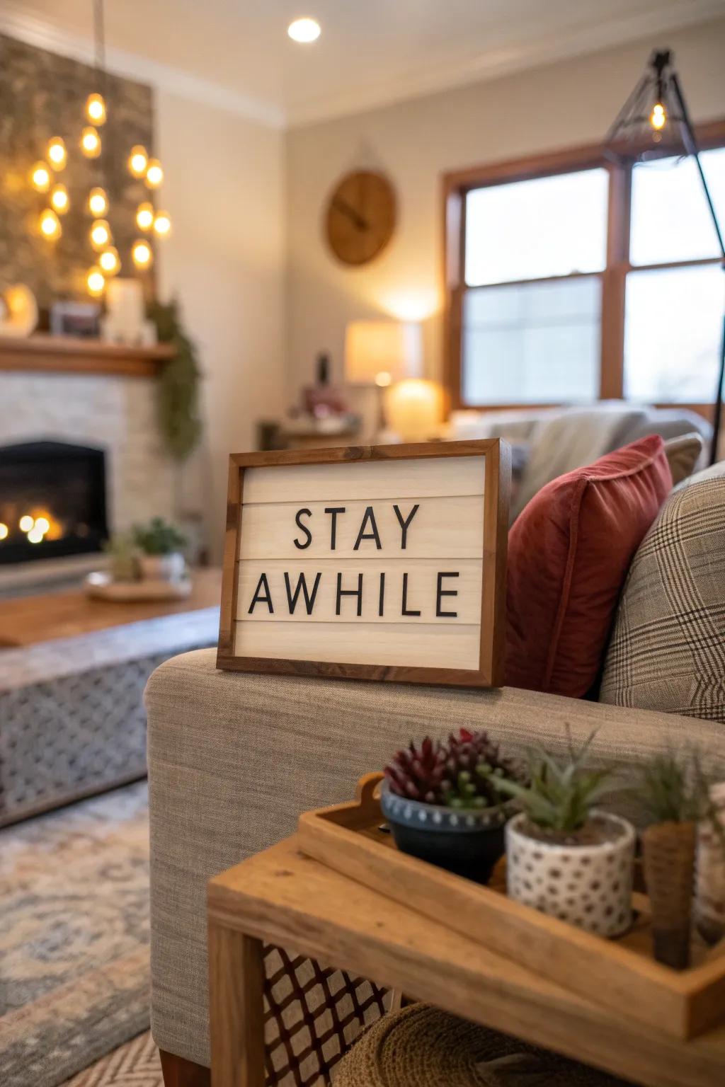 Encourage guests to relax with 'Stay Awhile.'