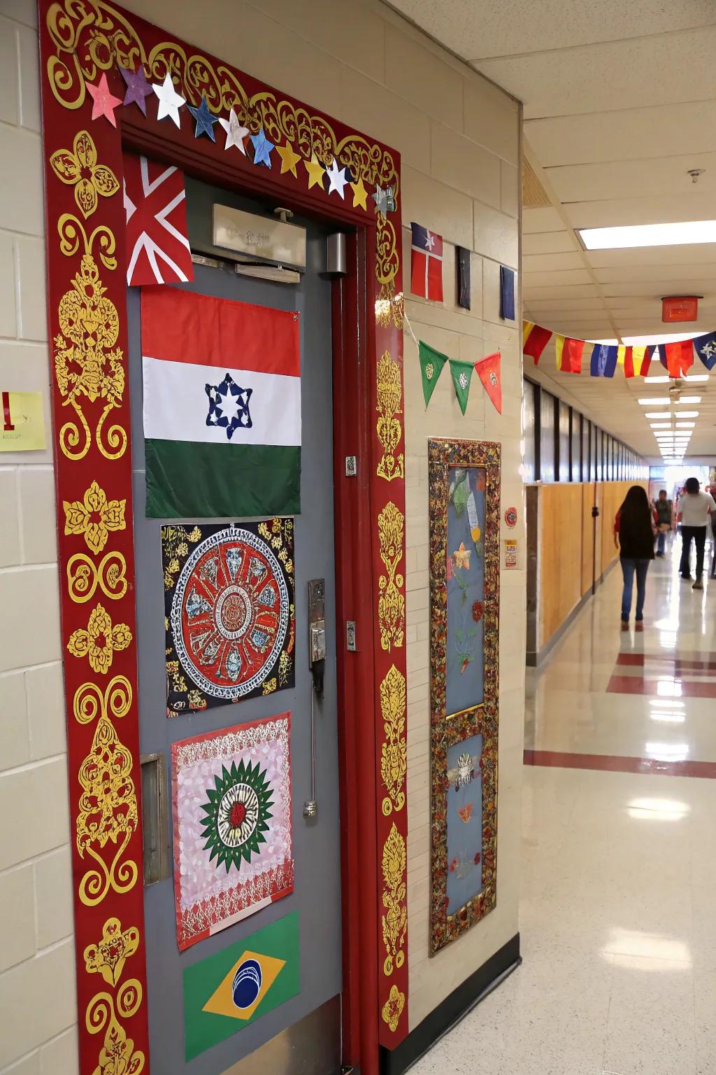 A culturally rich academic entrance celebrating diversity.