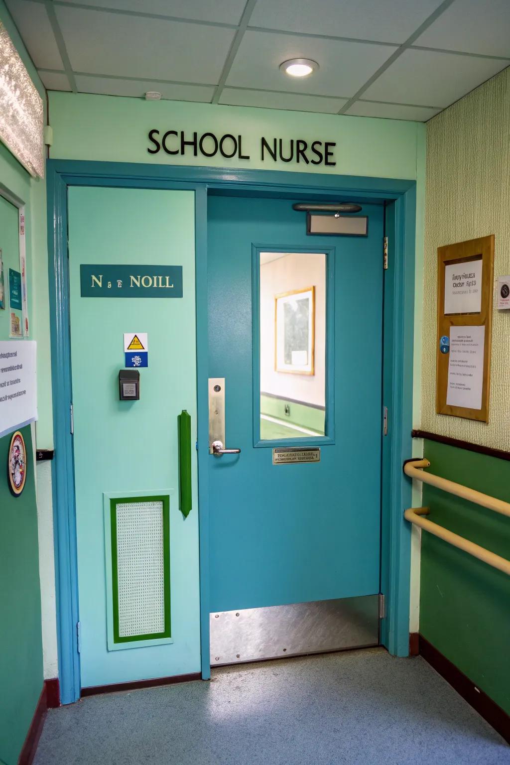 A peaceful school nurse door is decorated with calming colors.