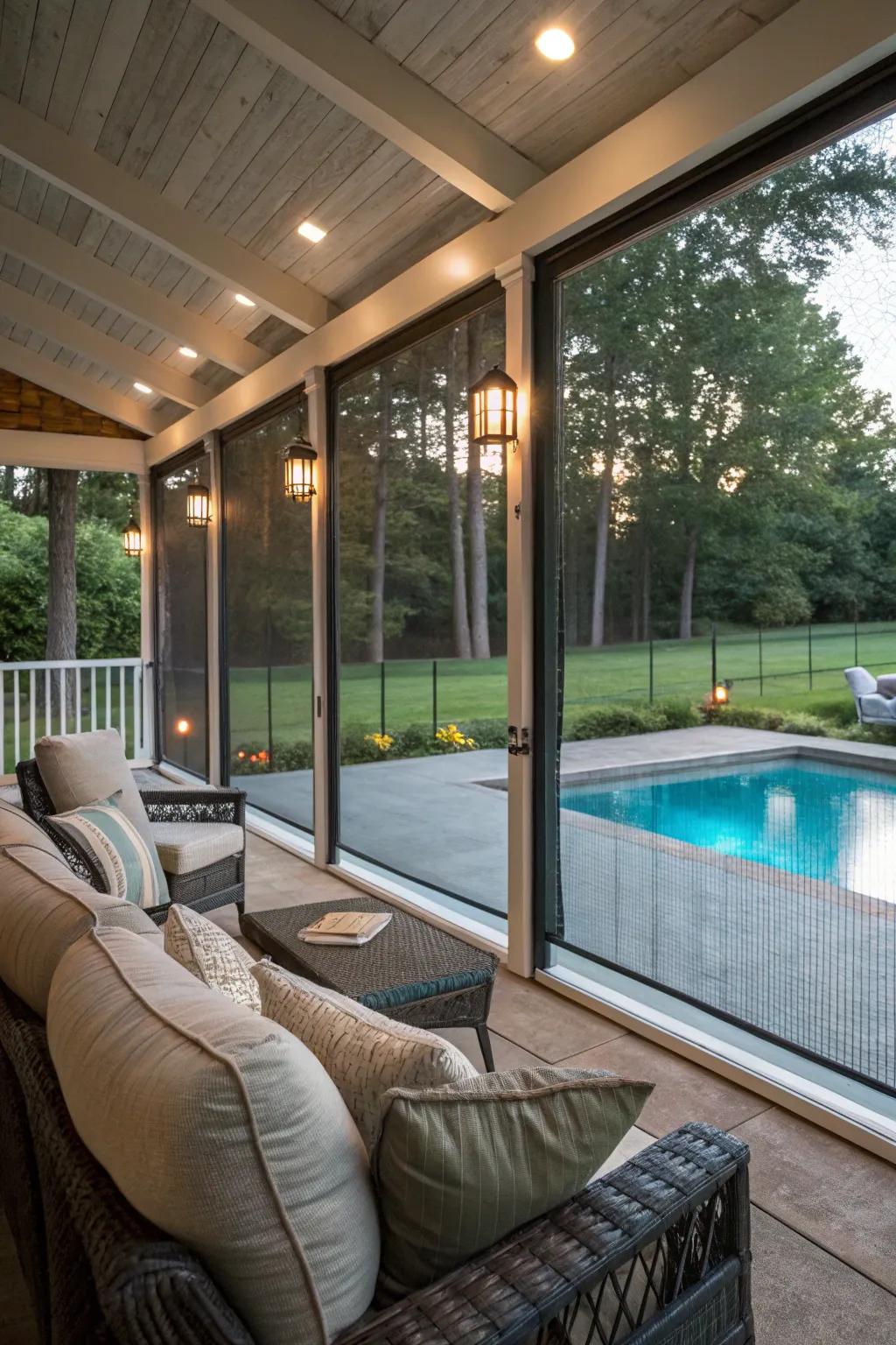 A poolside porch has shade and unwinding after a swim.