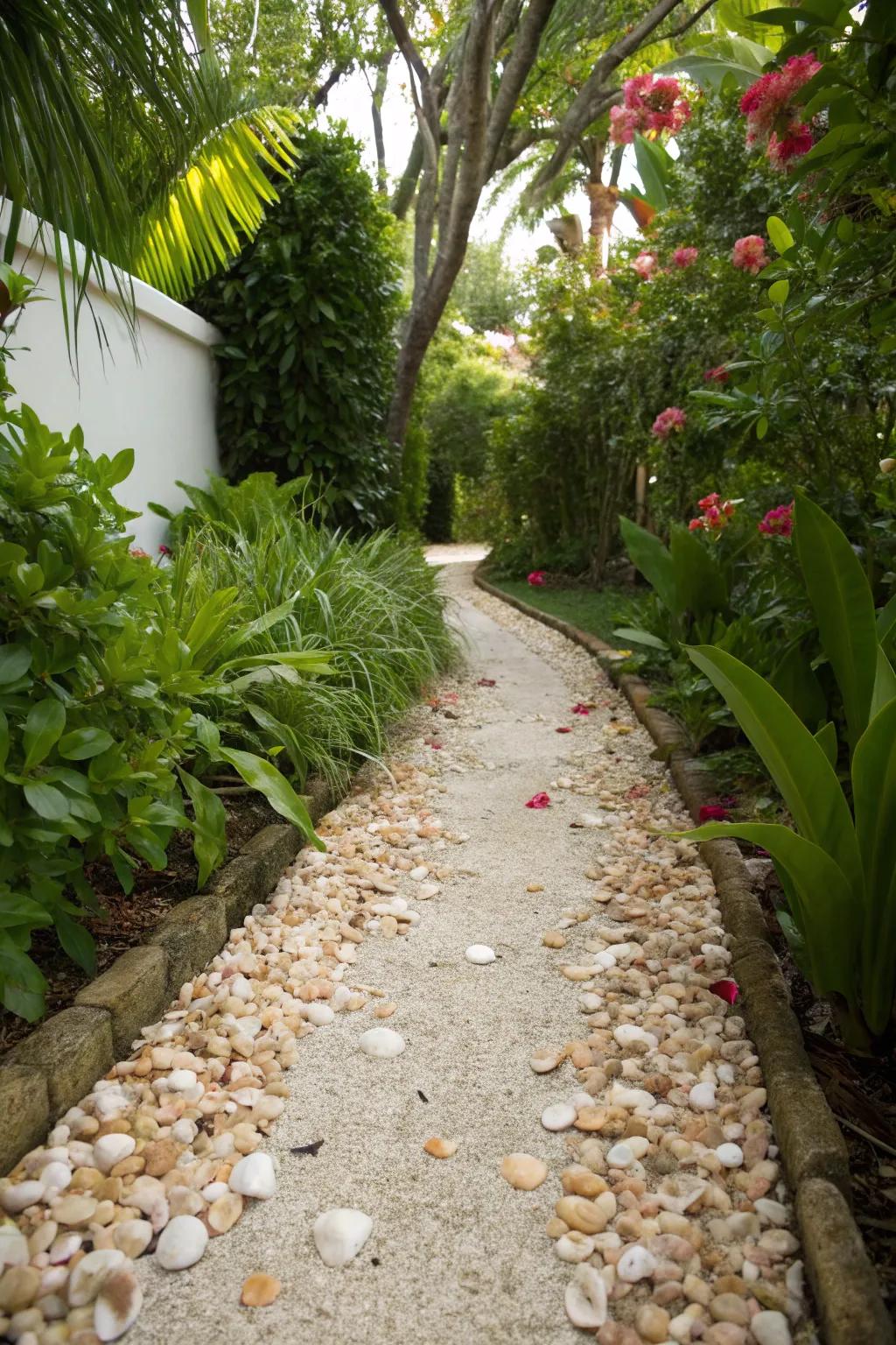 A seashell-edged walkway infuses organic beauty and texture into your yard.