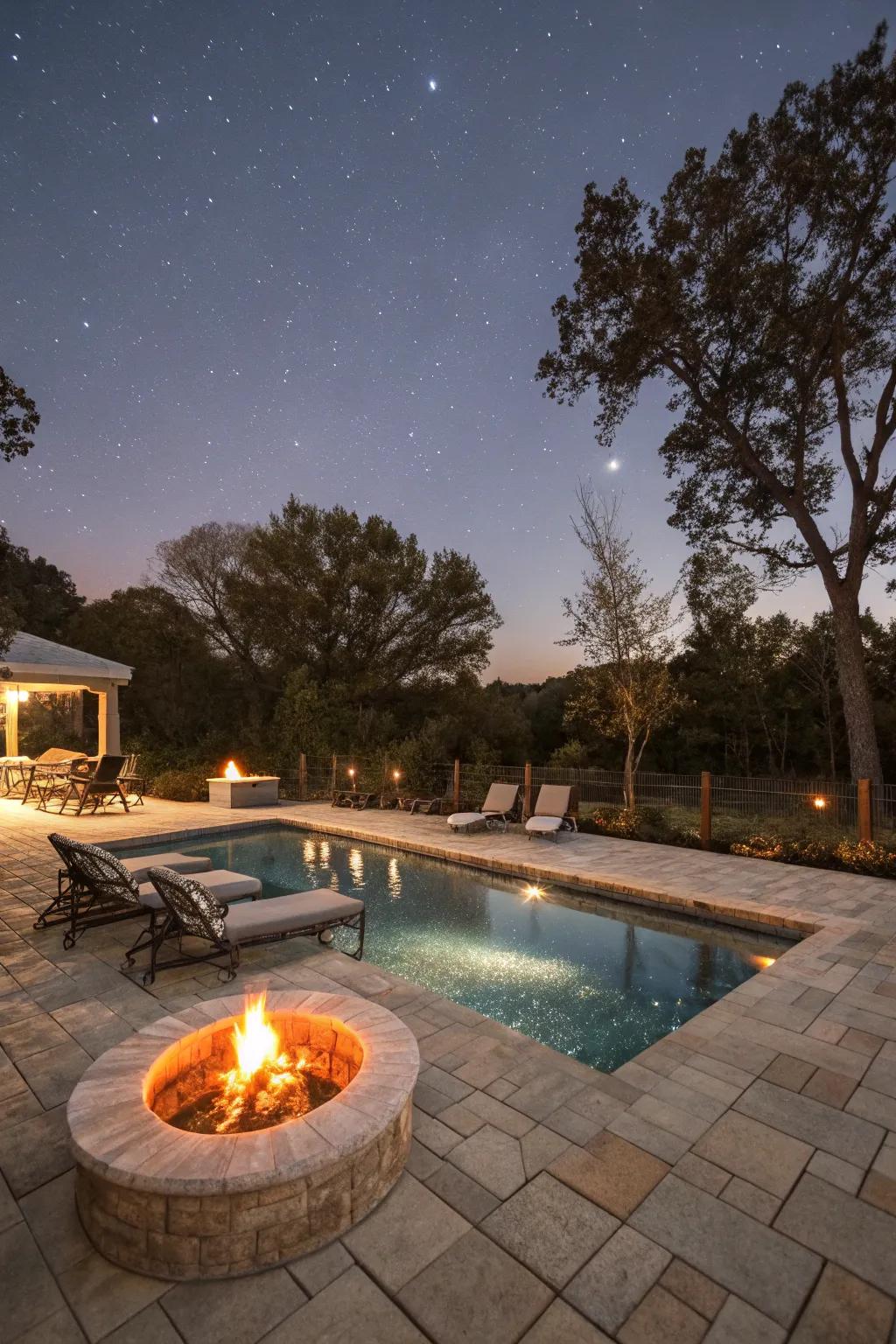A semi-inground pool complemented by a warm, inviting bonfire pit.