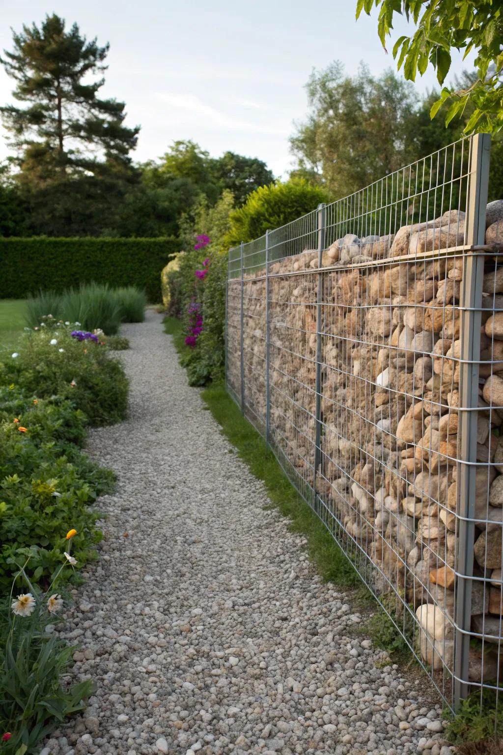 Gabion walls deliver a natural, textured barrier within this scenic garden landscape.