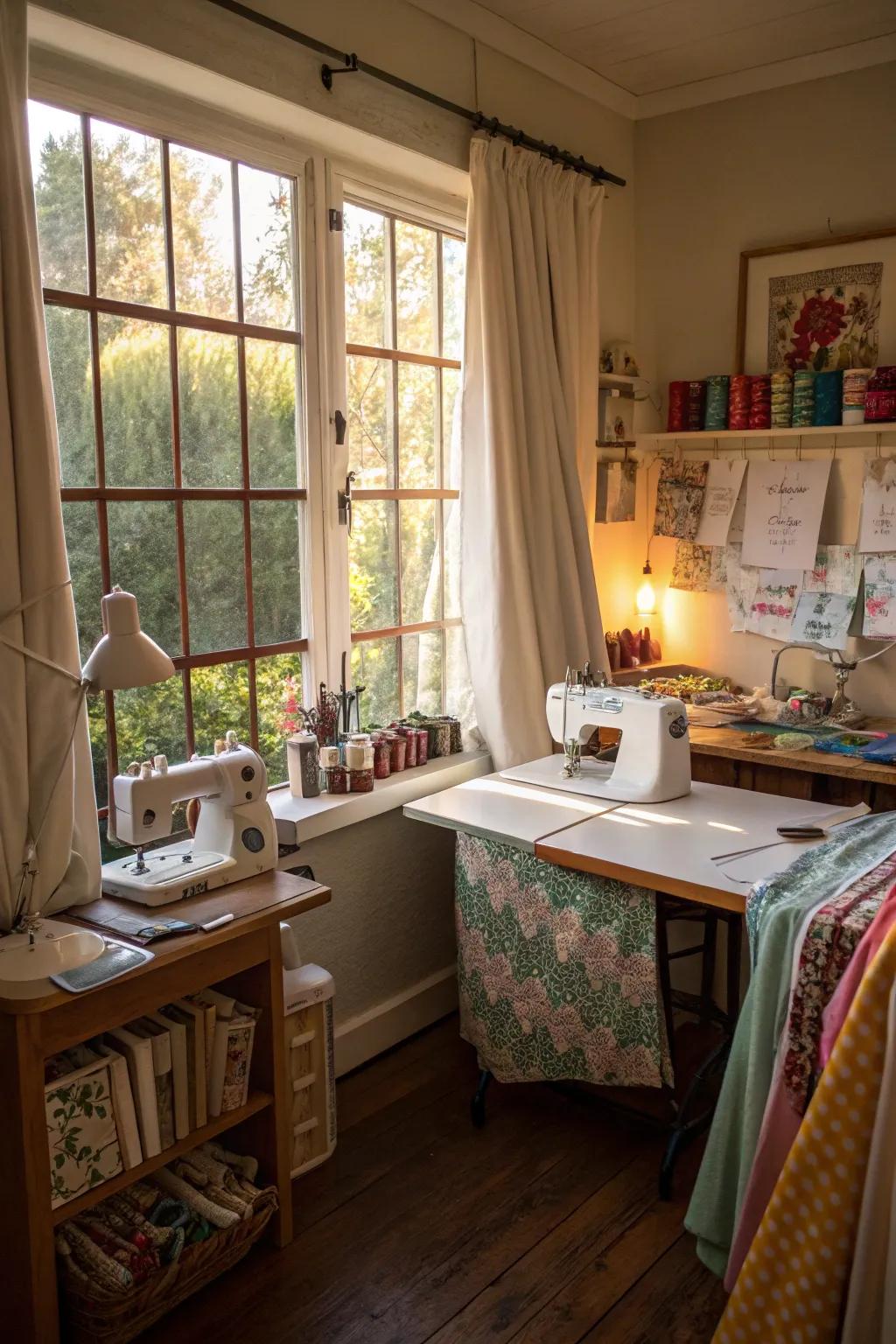 Sunny light enhances the sewing environment.