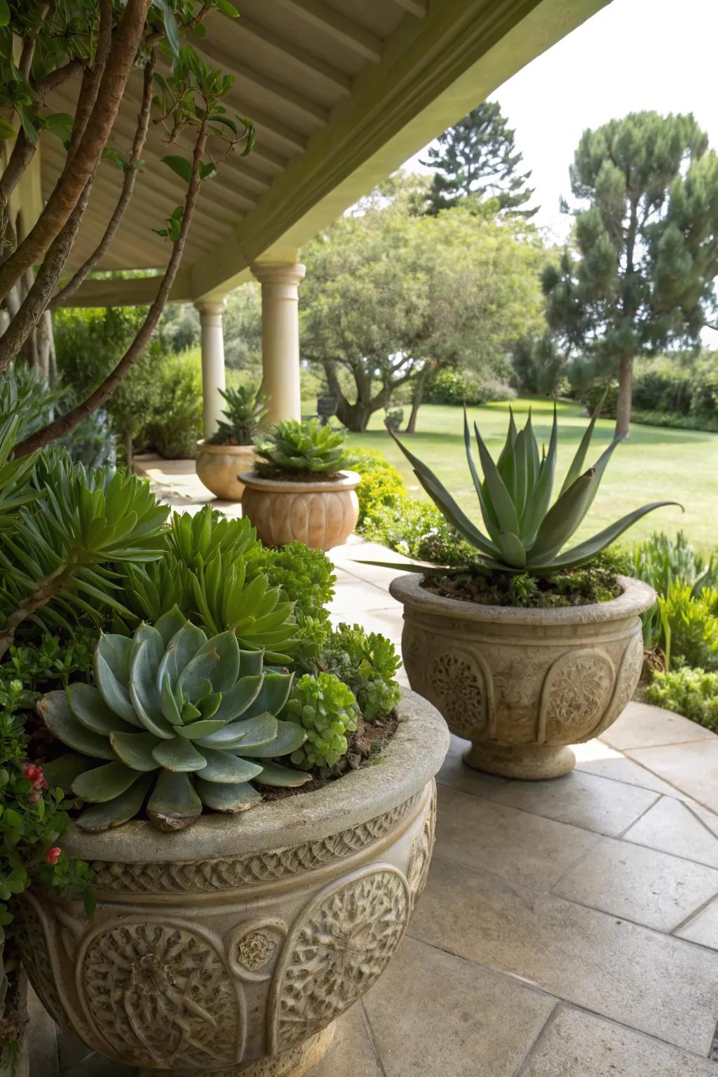 A shaded area with ornamental flowerpots exhibiting shade-adoring succulents such as Dark Blooms and Desert Gems.