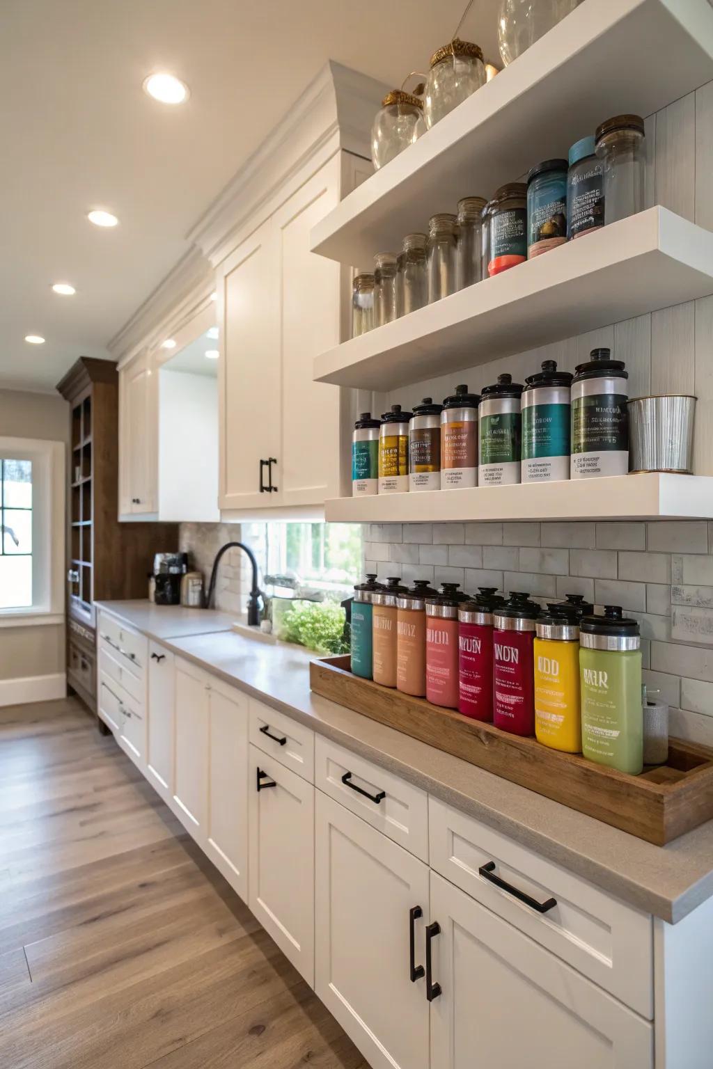 Wall mount shelves offer a minimalist display for blending bottles.