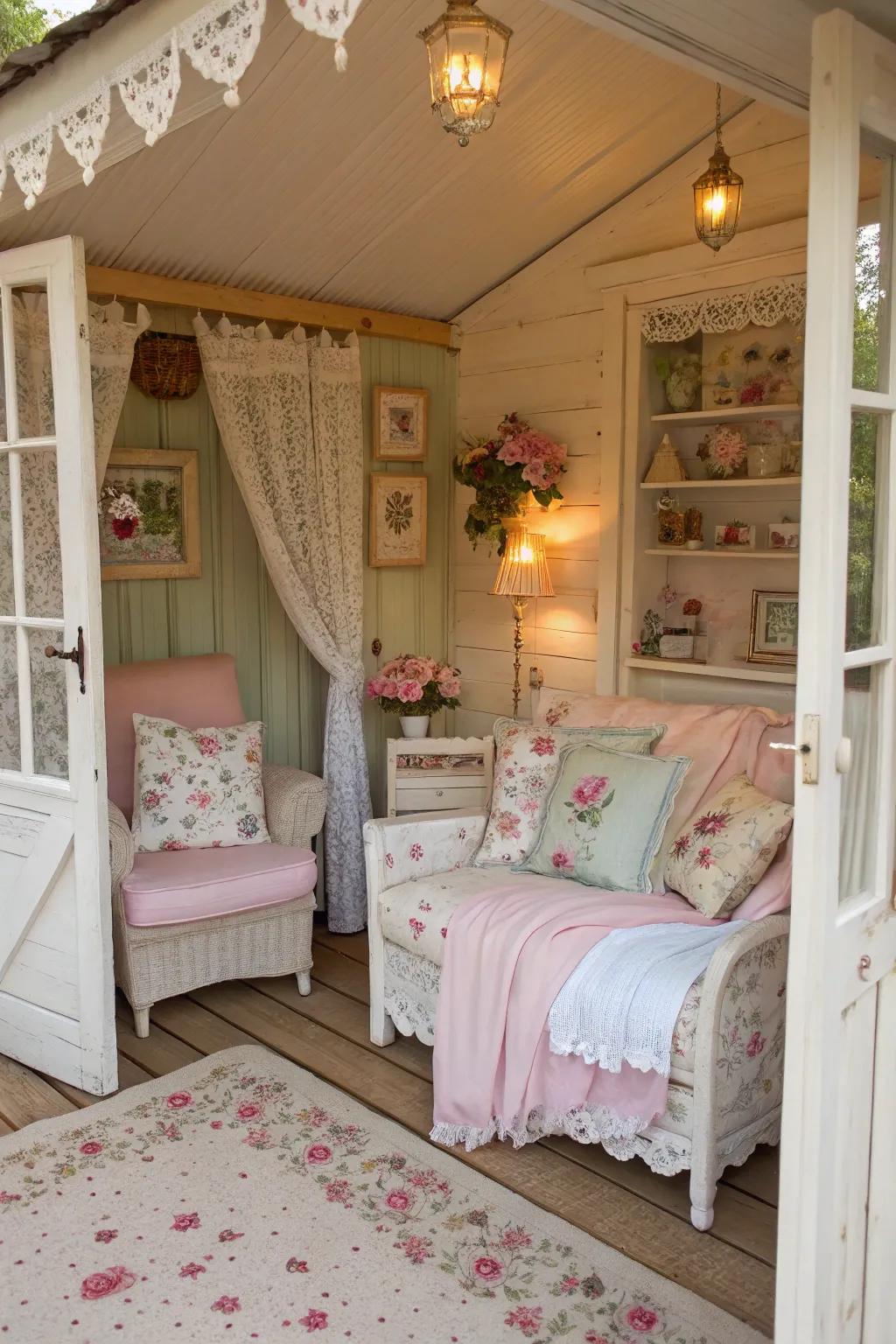 Form a shabby chic sanctuary in your she shed through soft colors and vintage decor.