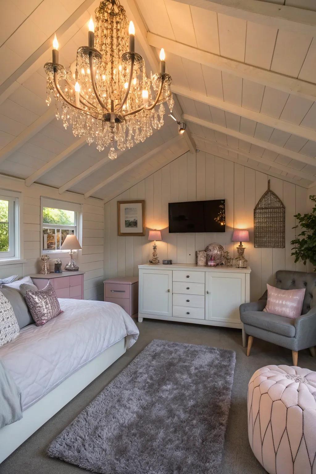 A chandelier elevates your shed bedroom with a touch of elegance.