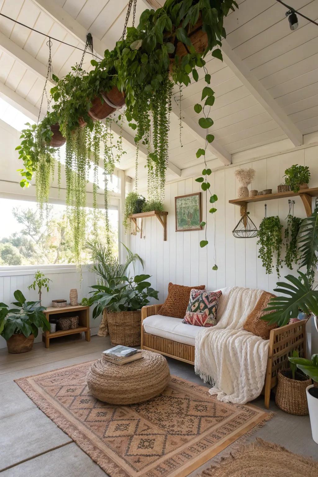 A serene retreat with greenery suspended from the shed ceiling.