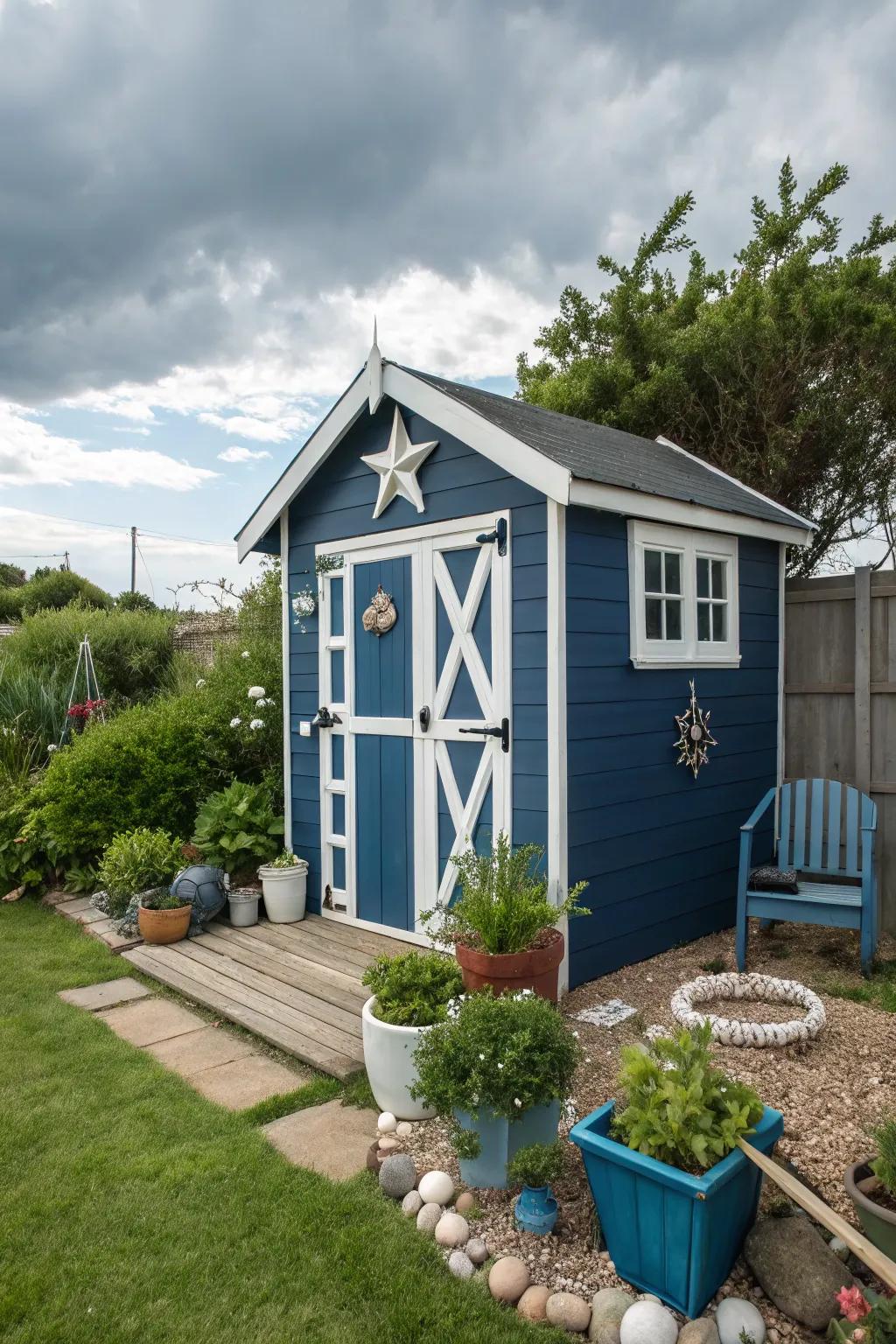 Nautical navy sheds offer a timeless and stylish garden ambiance.