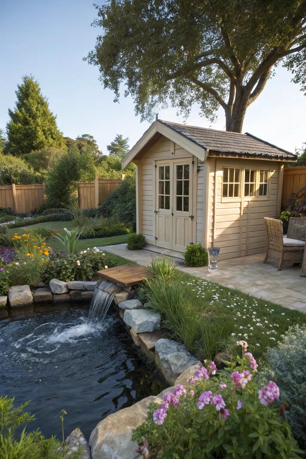 A garden shed featuring a calming water attribute for added tranquility.