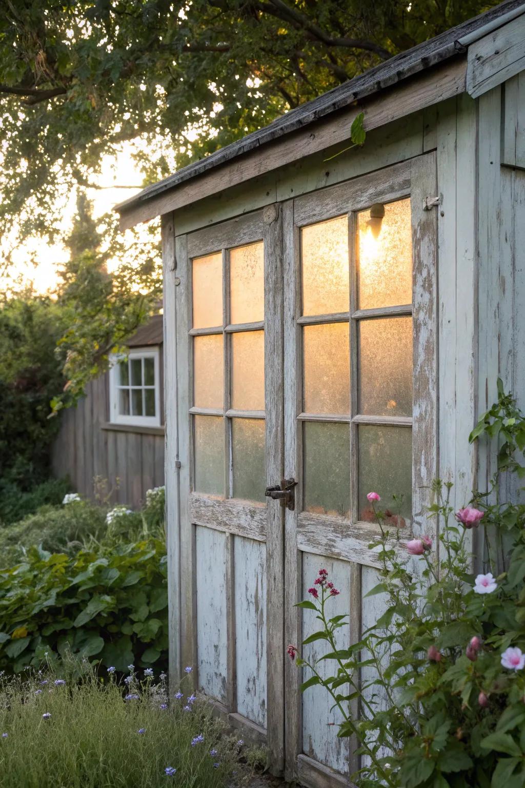 Frosted panes provide privacy while allowing light into the shed.
