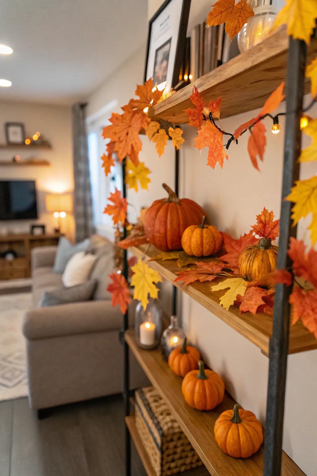 Seasonal aesthetic like autumnal foliage refreshes shelf exhibits.