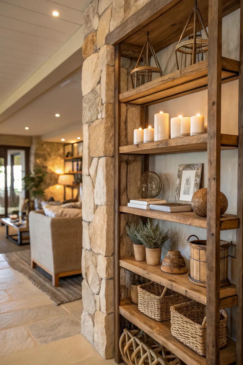 Nature adds warmth to shelves.
