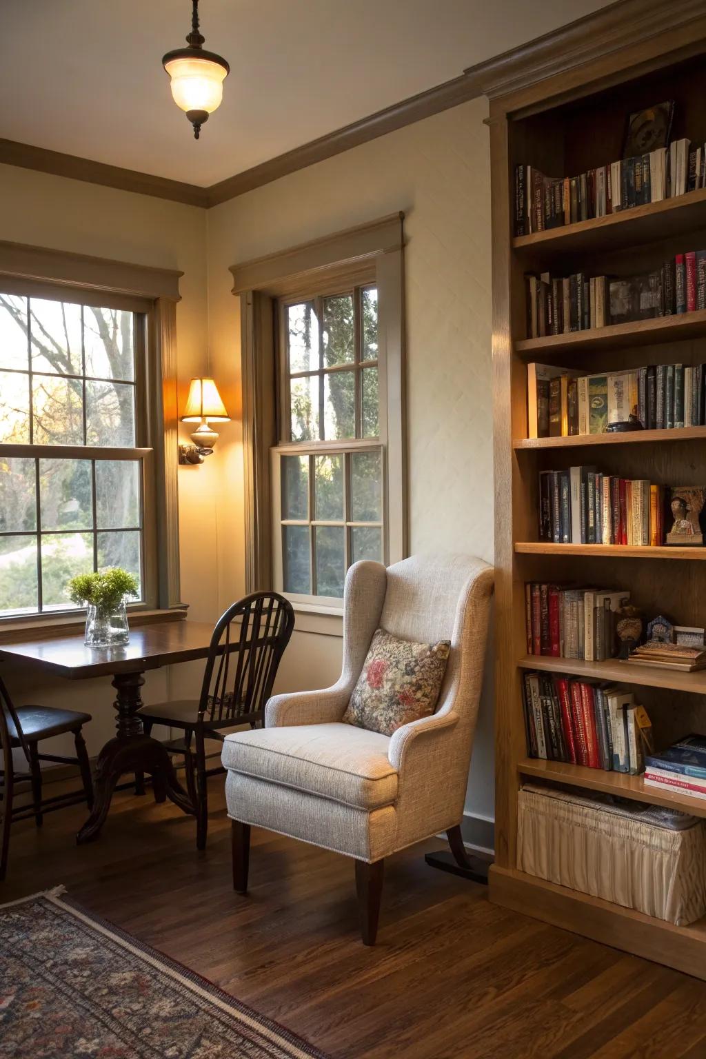 Delivering warmth and appeal across the dining zone through a library recess.