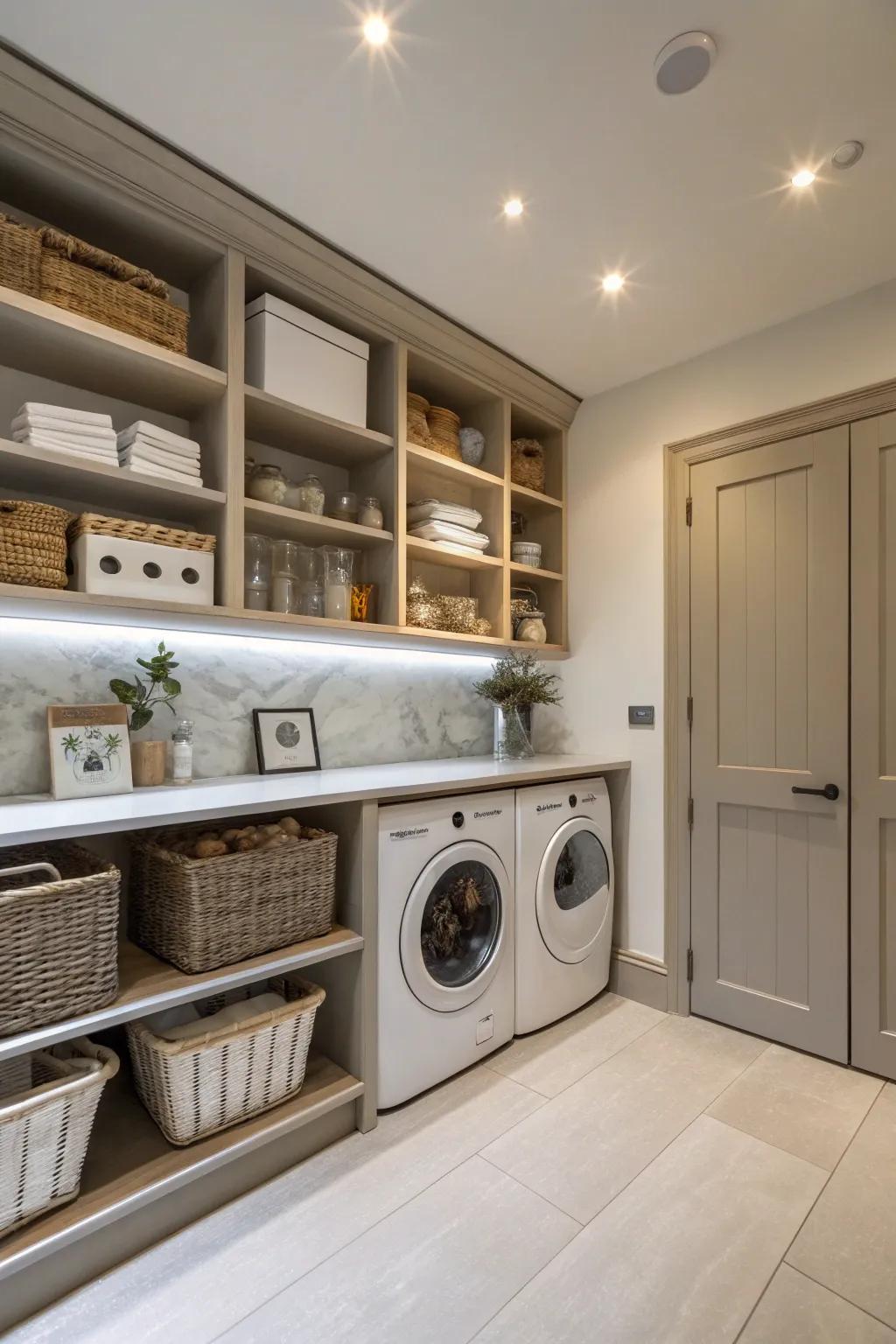 Hidden shelves in a utility room, offering discreet and efficient storage solutions.
