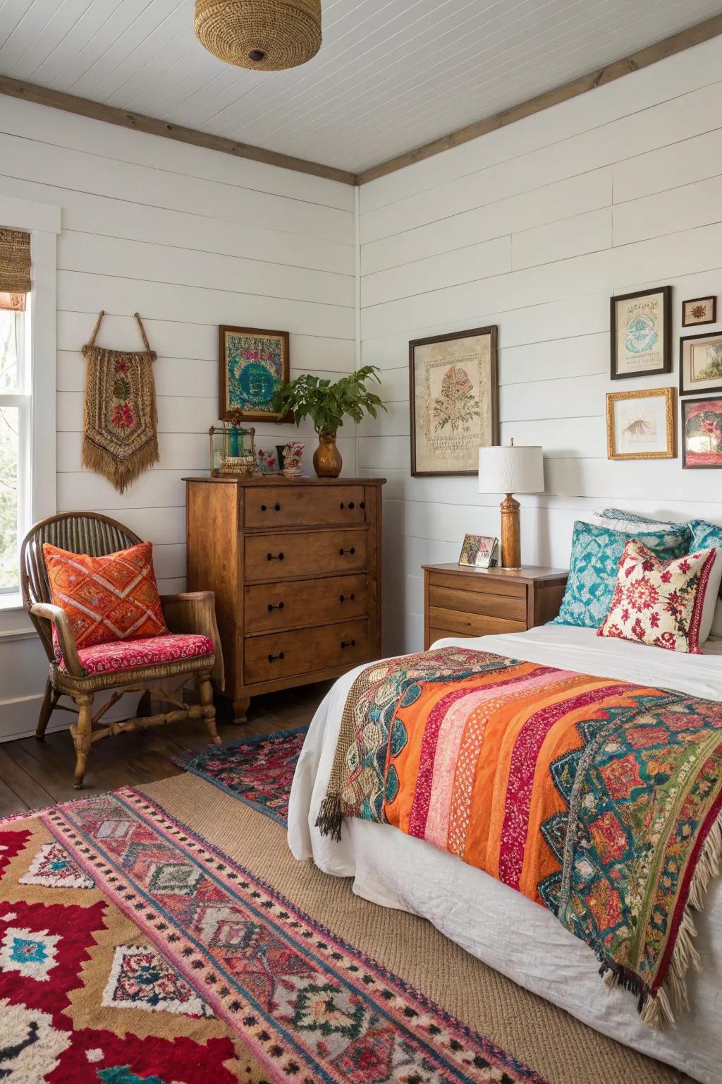 An eclectic mixture of design using shiplap designs a unique and vibrant space.