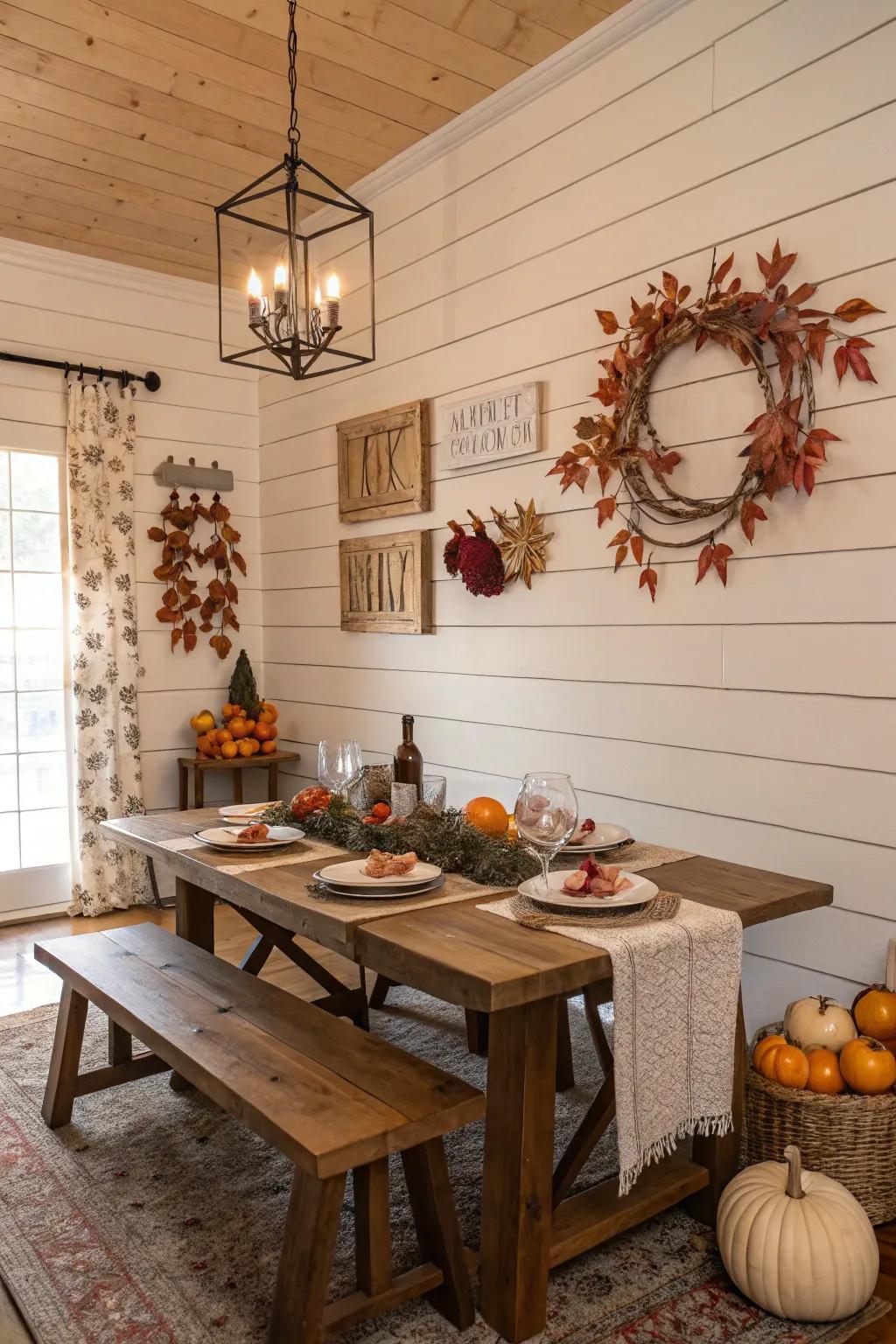 A flexible dining room featuring shiplap walls and seasonal decor.