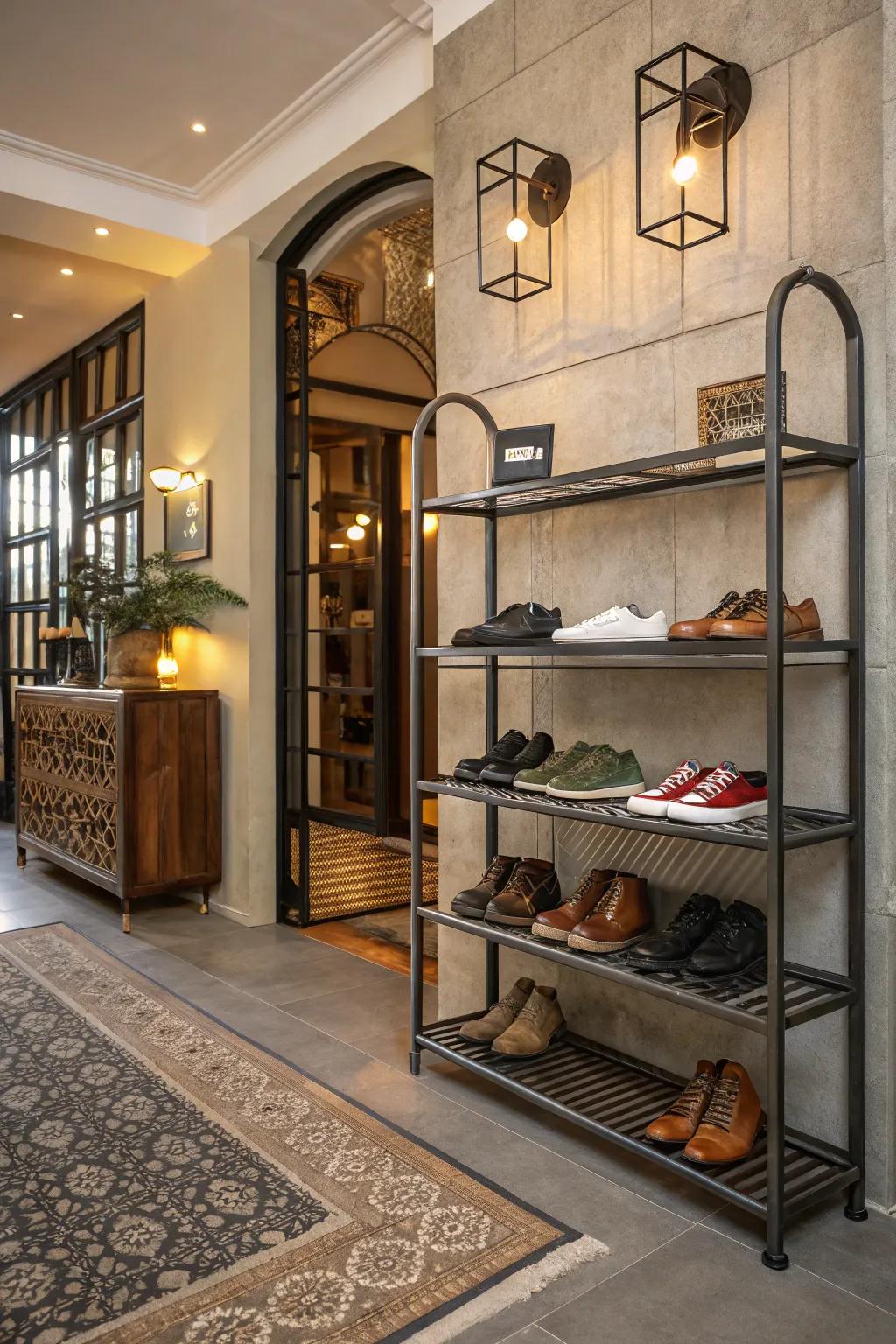 Industrial metal footwear racks add chic style to the foyer.