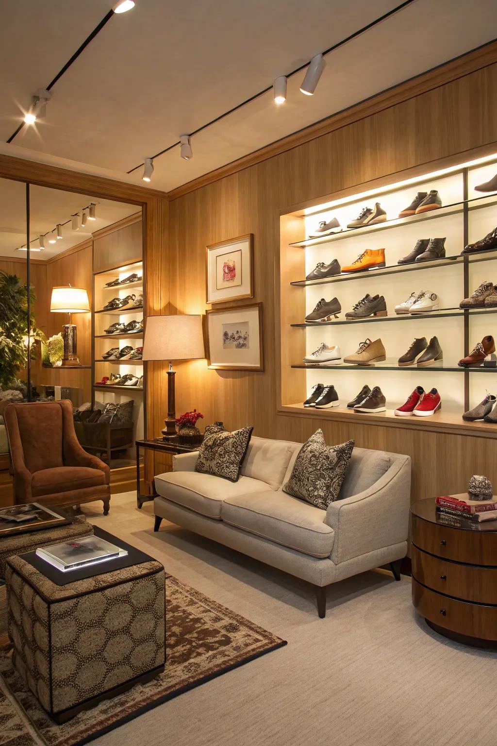A shoe wall in the living room brings your collection into the spotlight.