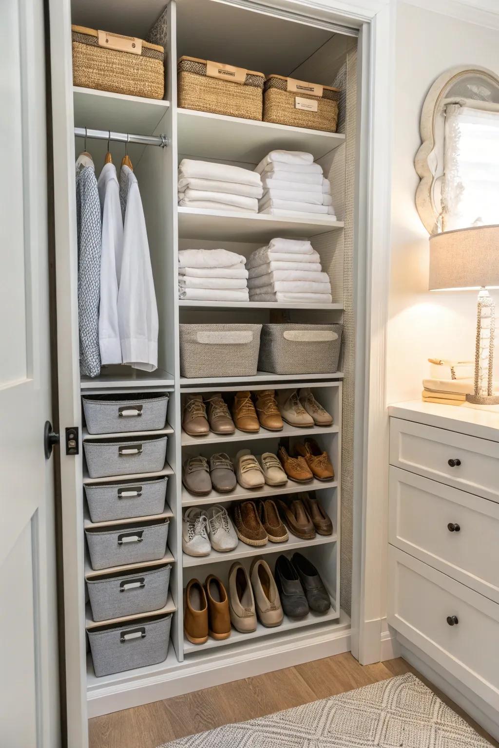 Maximize your linen closet for additional shoe storage.