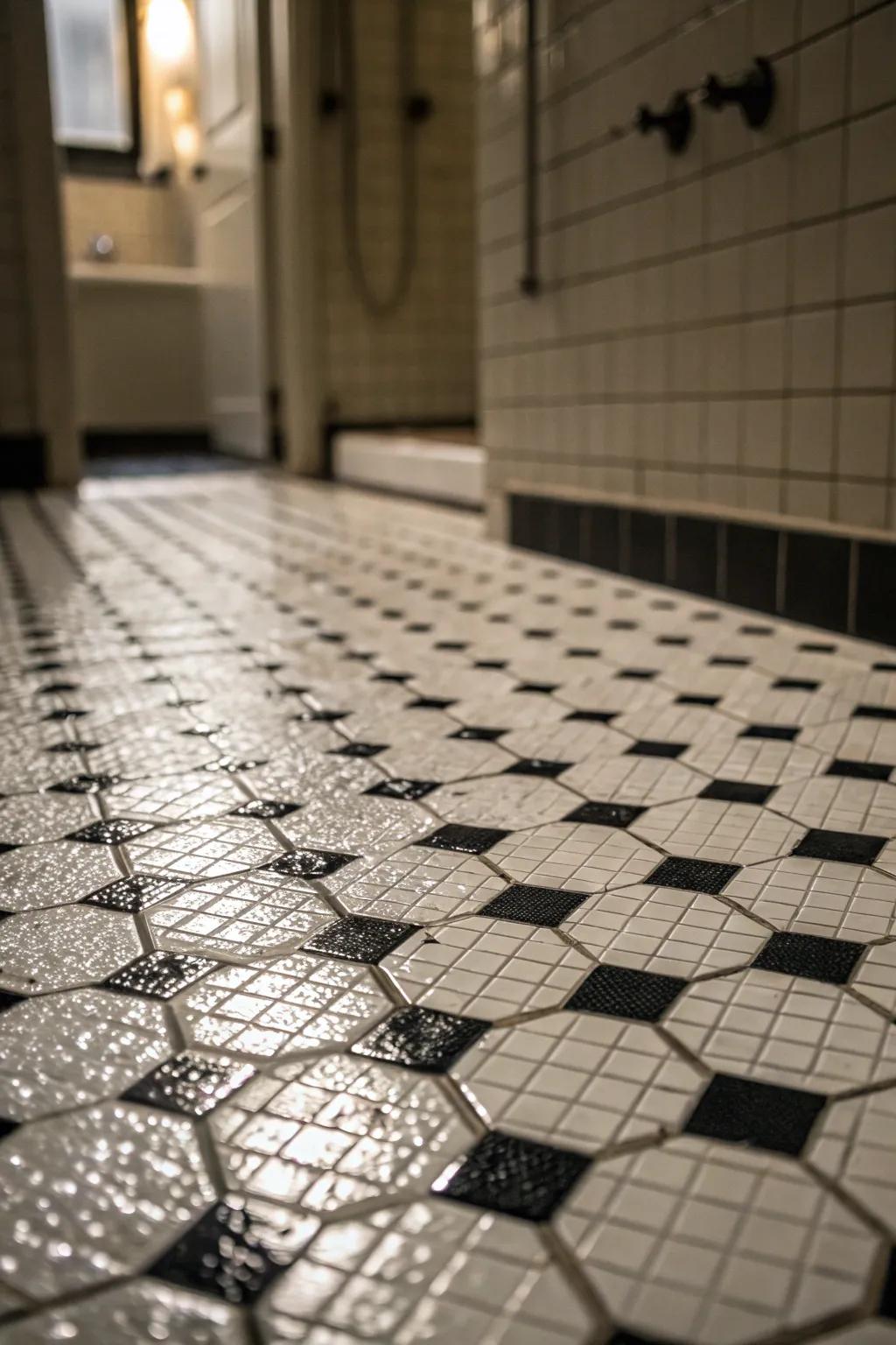 Monochrome floors present a streamlined and unified aesthetic for your shower.
