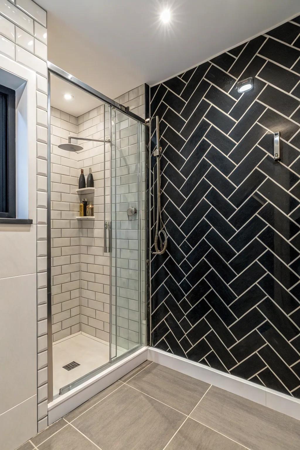 A bold and dramatic washroom featuring a stunning feature wall.