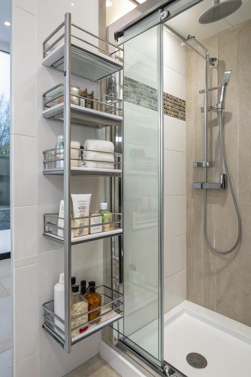 Slide-out shelves present discreet and effective storage solutions.