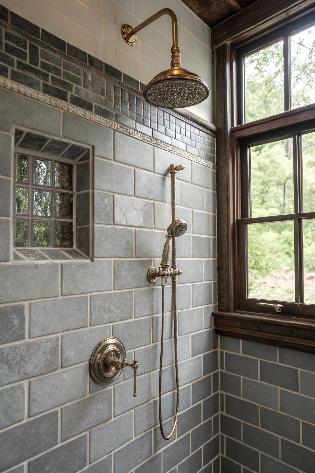 Classic accents introduce charm to a grey-tiled shower.