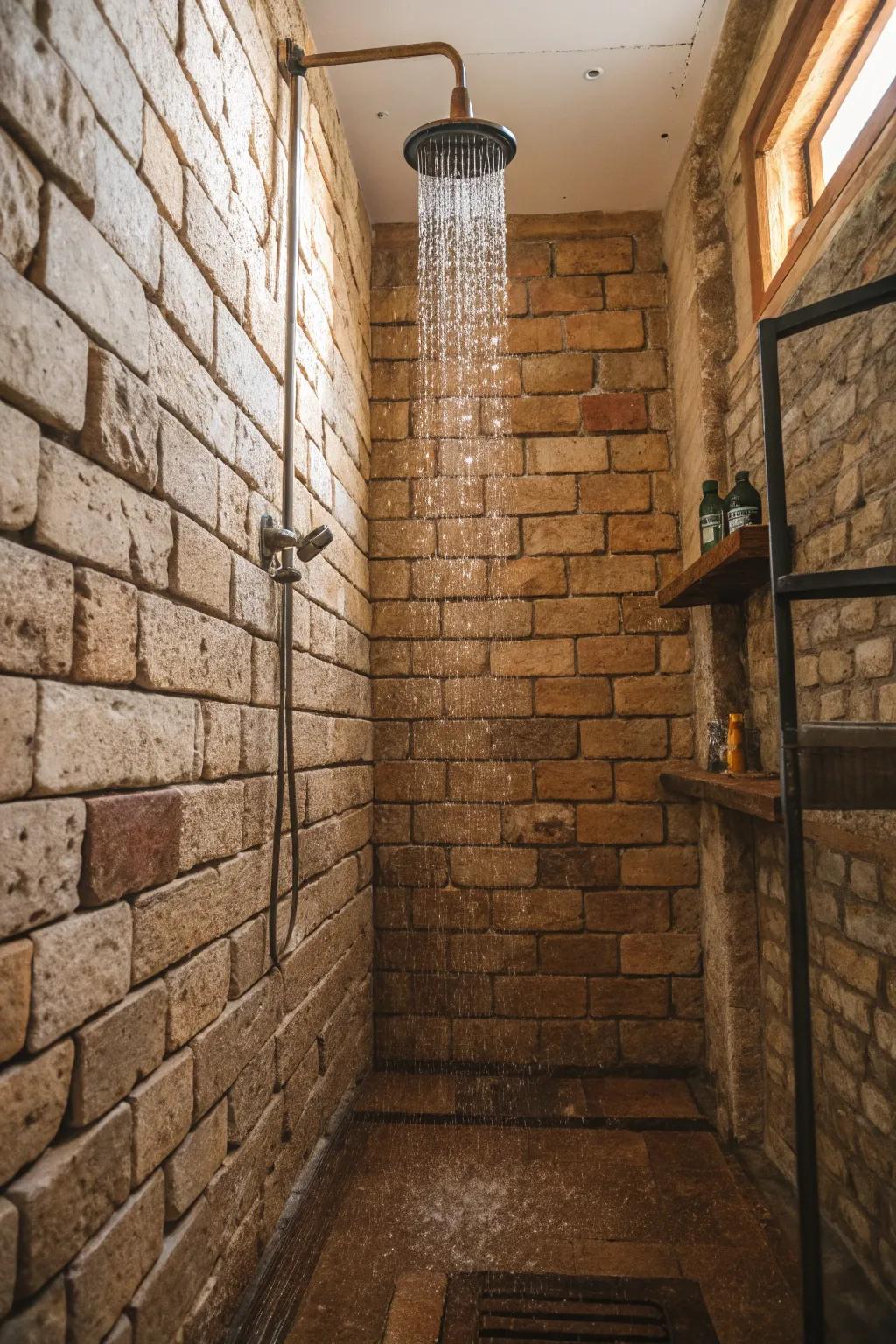 Block pieces add a country and cozy touch to the shower.