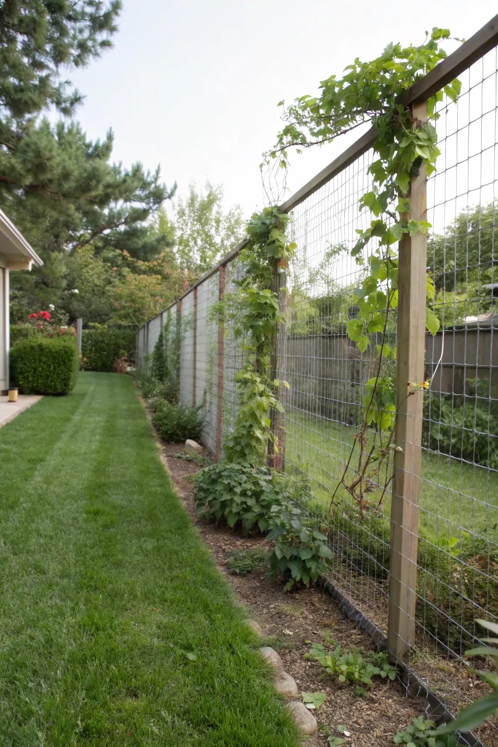 Airy side yard with wire mesh fence.