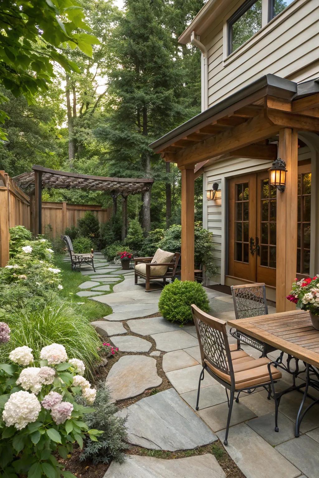 Mixed materials introduce texture and style.