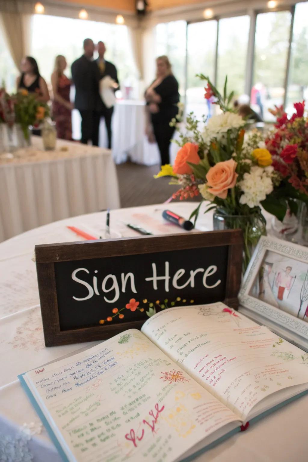 A guest registry allows for heartfelt sentiments and best wishes from guests.