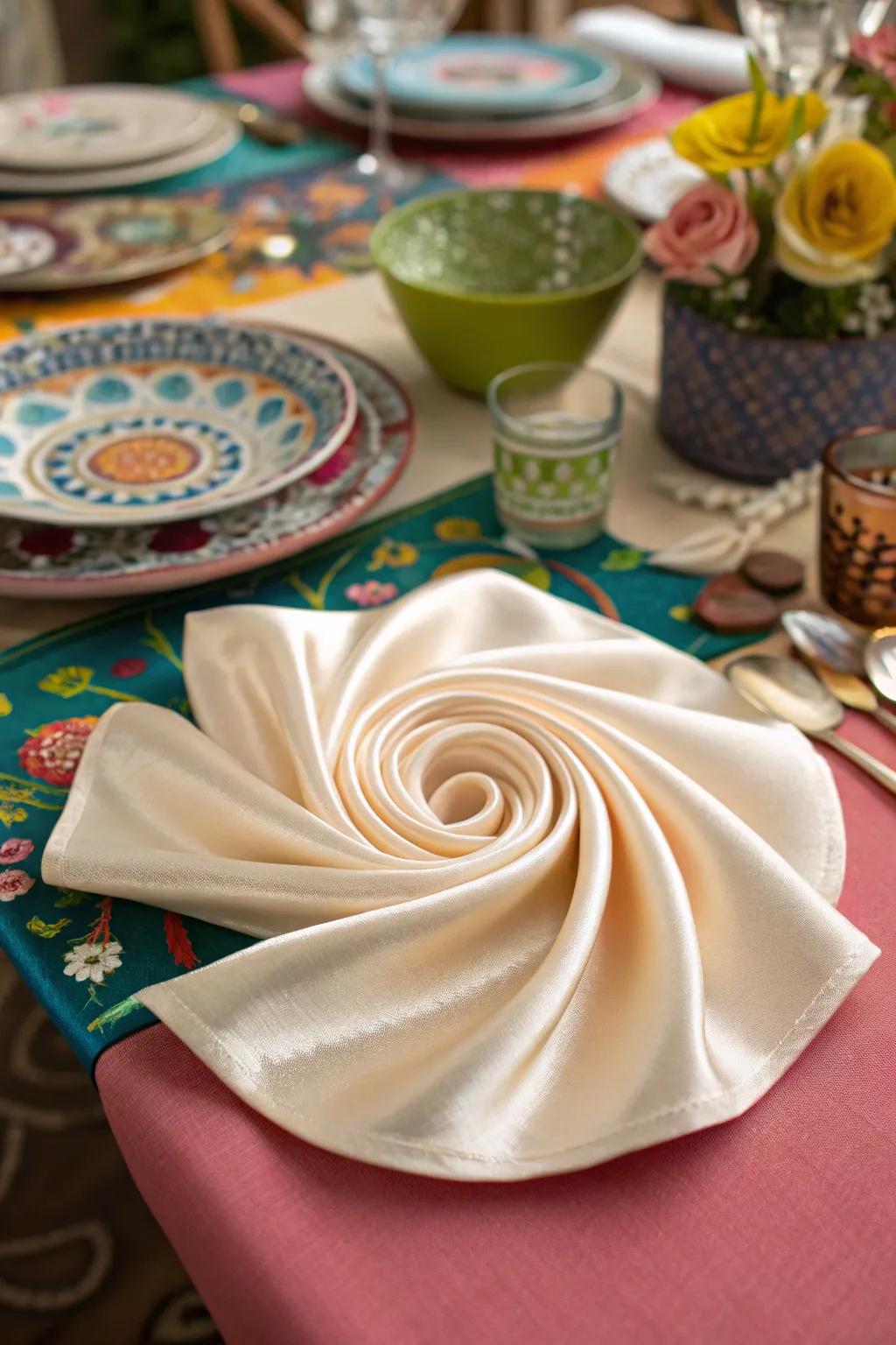 A silken cloth arranged into a captivating twisting whirl, giving a playful and dynamic element to your table.