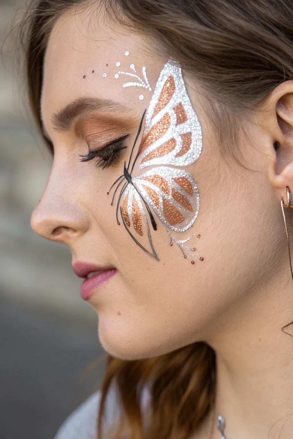 Embrace the magic of metallics with this stunning butterfly face paint, where simplicity meets ethereal shine.