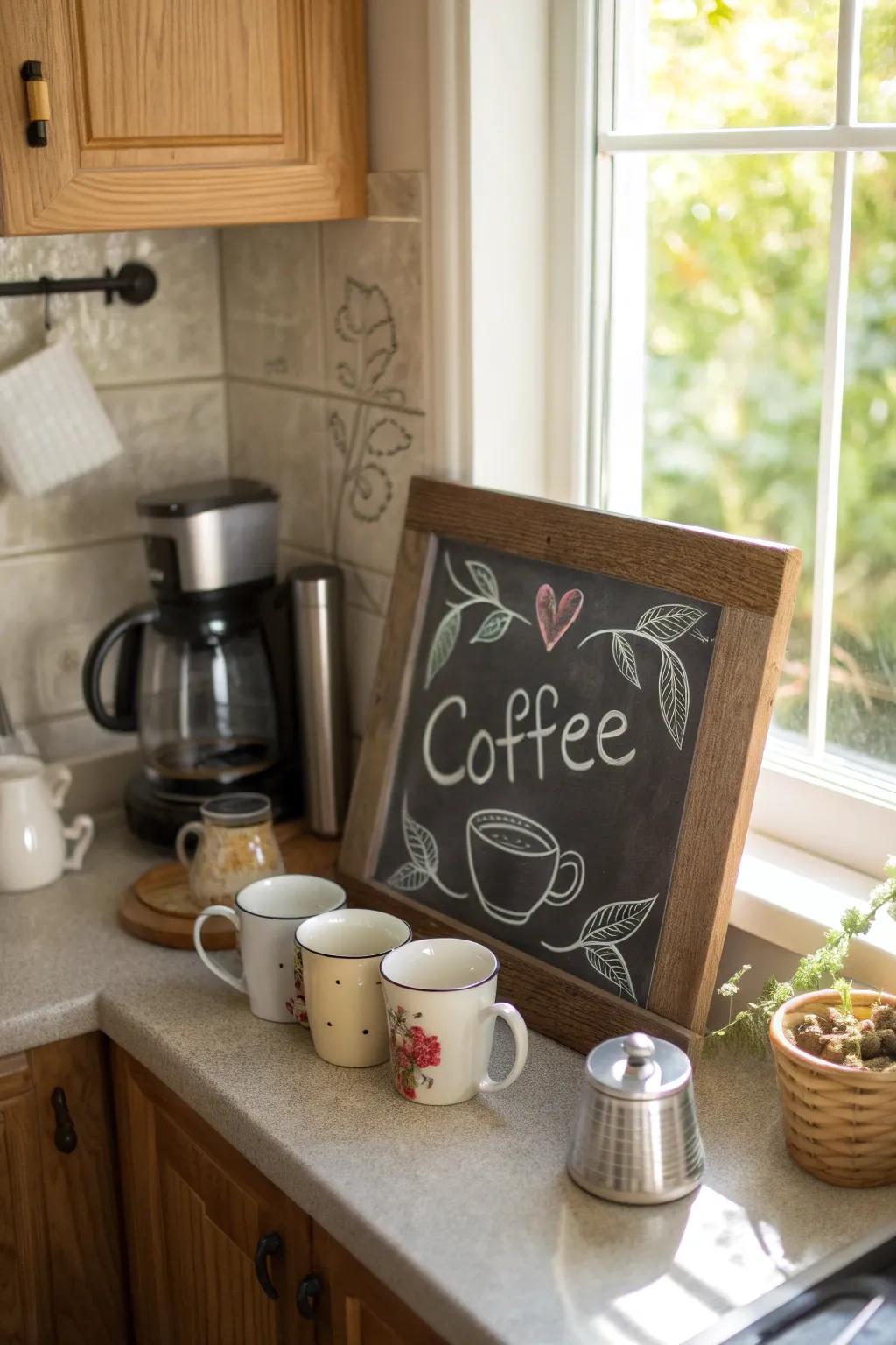 Culinary space corner slate board featuring a coffee-themed inscription.