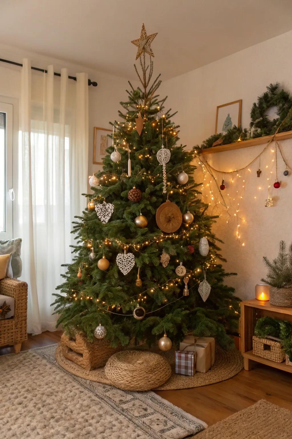 Eco-conscious grace with recycled ornaments.