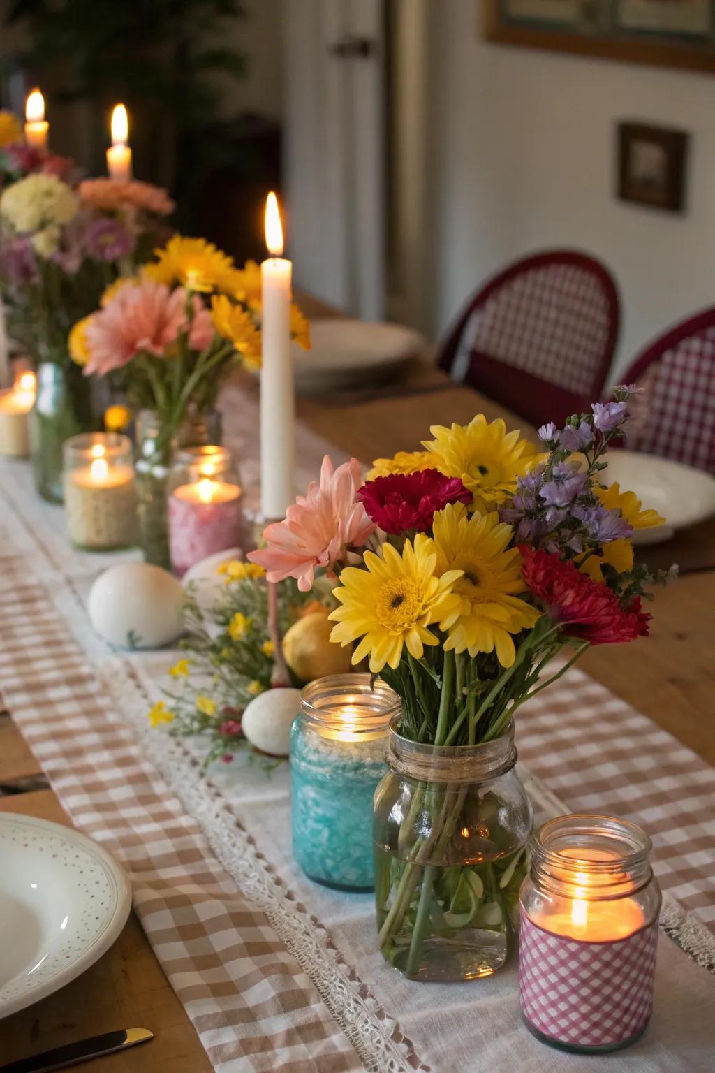 Mason jars contribute a vintage, homey feel.