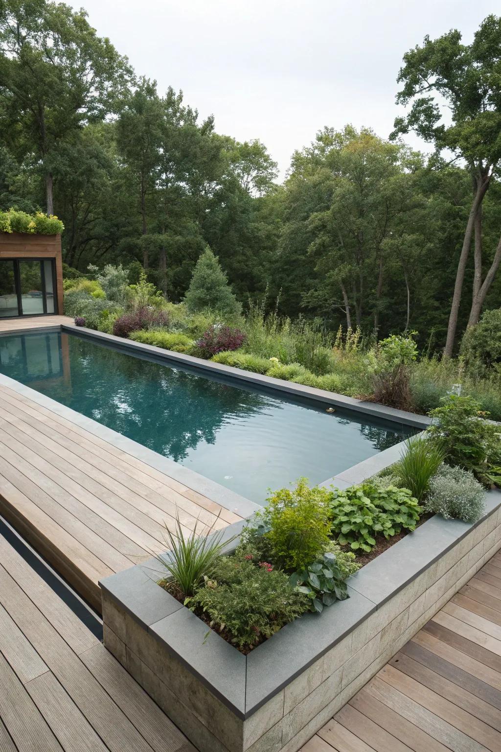 Integrated planters provide a smooth mix of greenery and design.