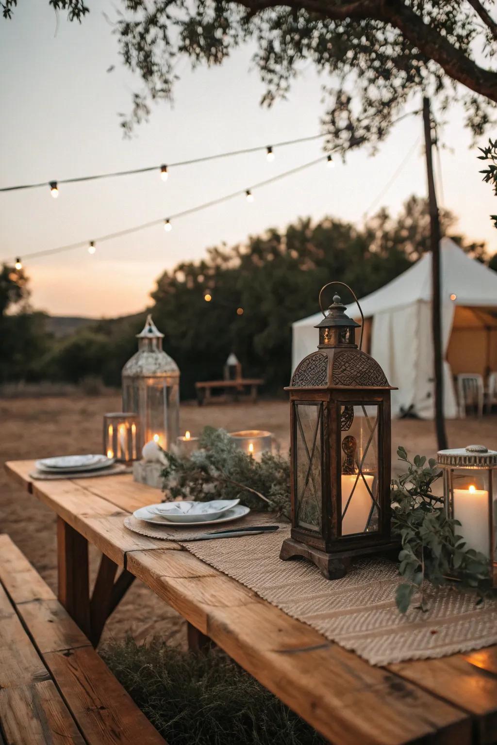 Lanterns serving as an endearing centerpiece on a rustic table.