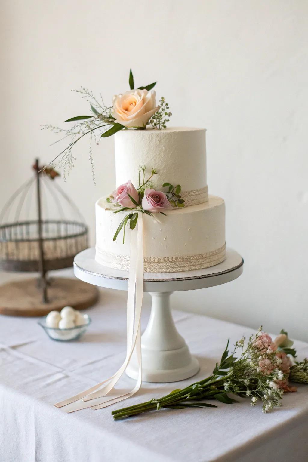 A minimalist confection display lets the cake's beauty shine.