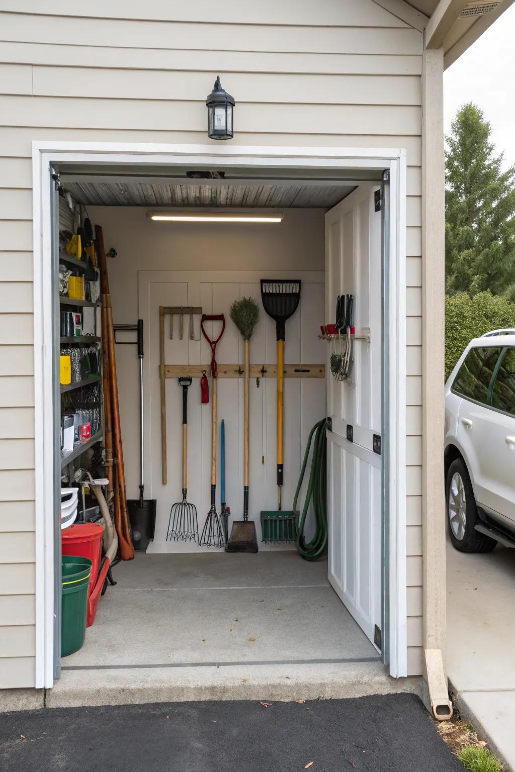 Garden tool organizers are great for storing long-handled things well.