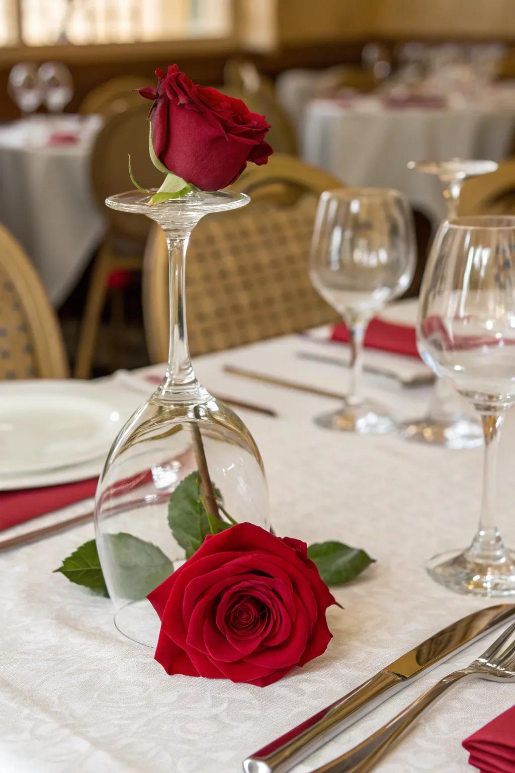 An inverted wine glass acts as a distinctive vase intended for a rose.