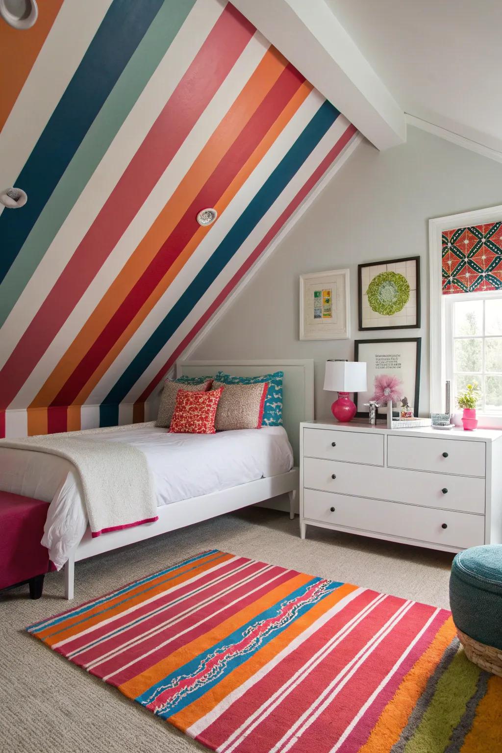 Stripes bring energy and modern flair to this dynamic bedroom.
