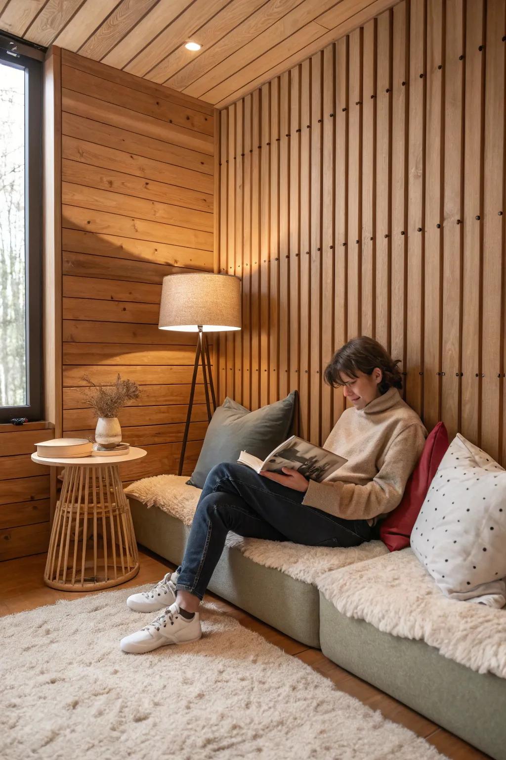 A snug reading retreat embellished by a warm lumber strip wall.