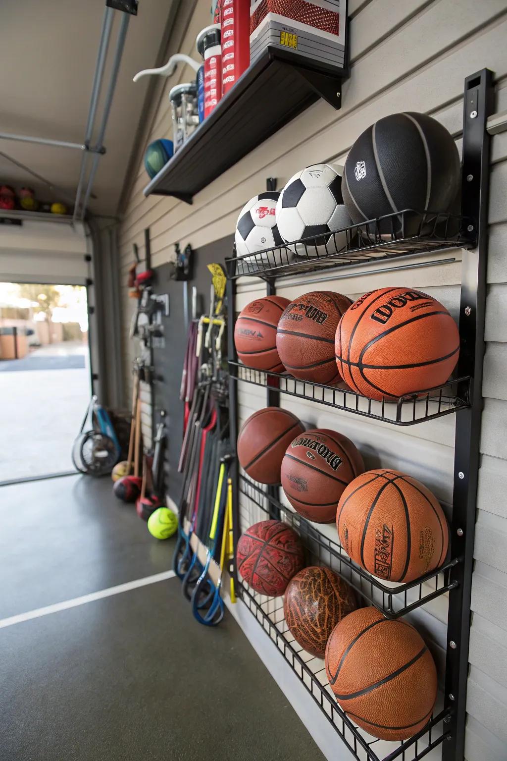 A panel-track ball holder organizes sports balls and reduces garage clutter.