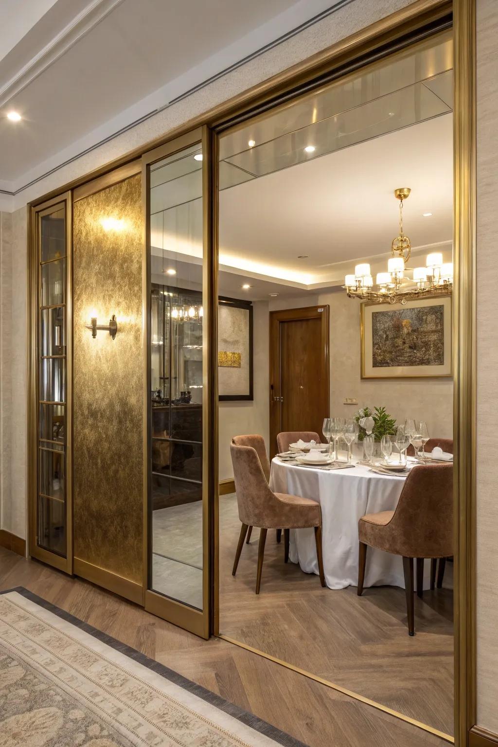 A metallic sliding door adds a hint of glamor to this dining space.